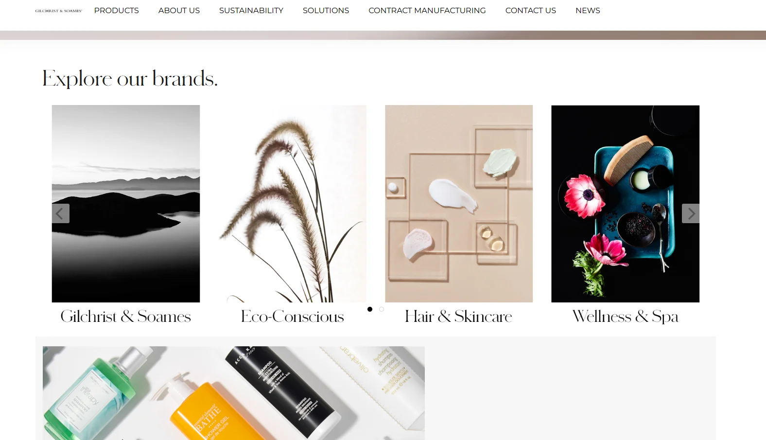 Explore our brands section featuring Gilchrist & Soames, Eco-Conscious, Hair & Skincare, and Wellness & Spa.